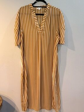 Mustard Brown and White Striped Sheer V-Neck Midi Dress/Swimsuit Cover Up